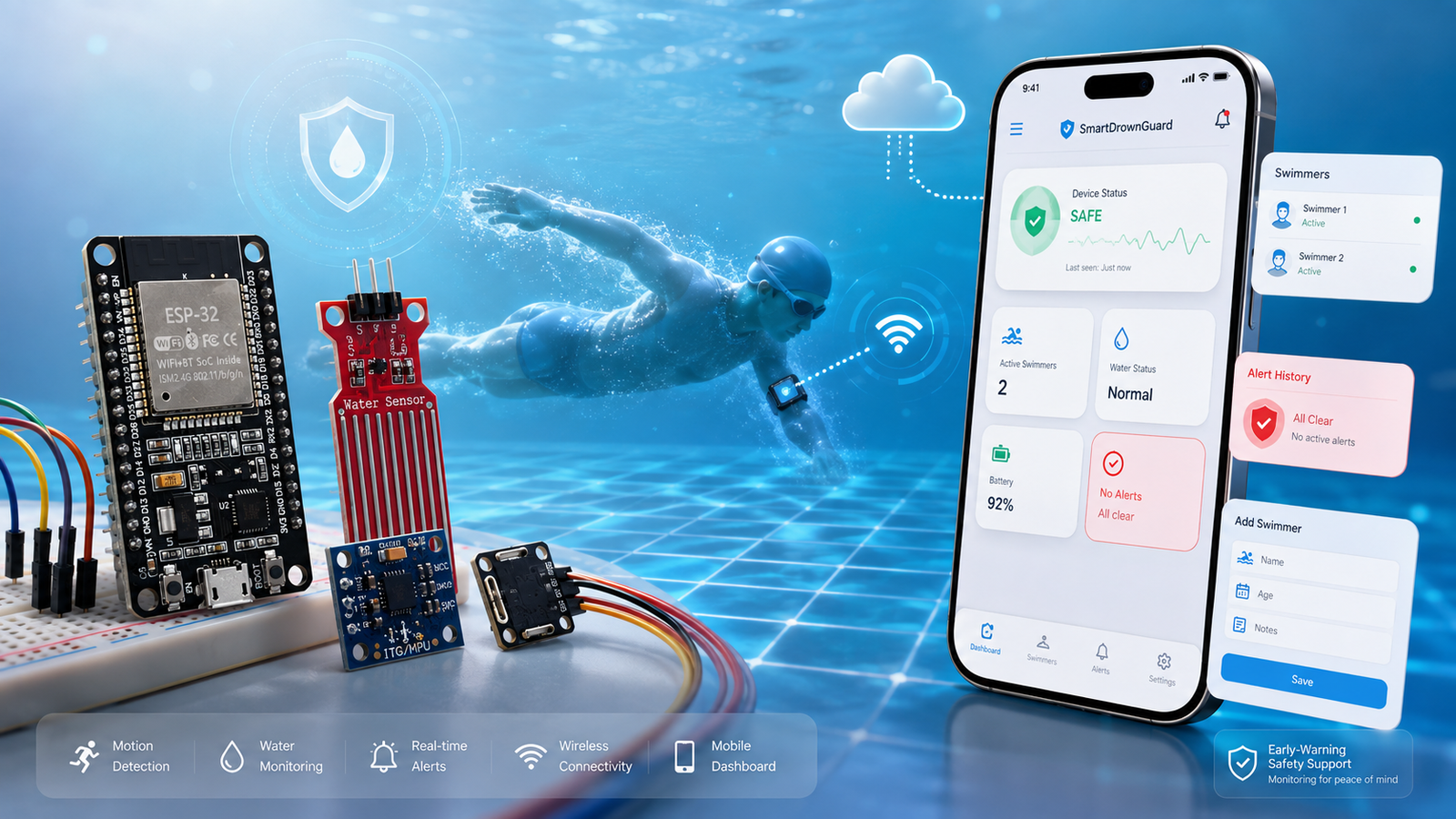 واجهة مشروع SmartDrownGuard — إنذار سلامة مائية